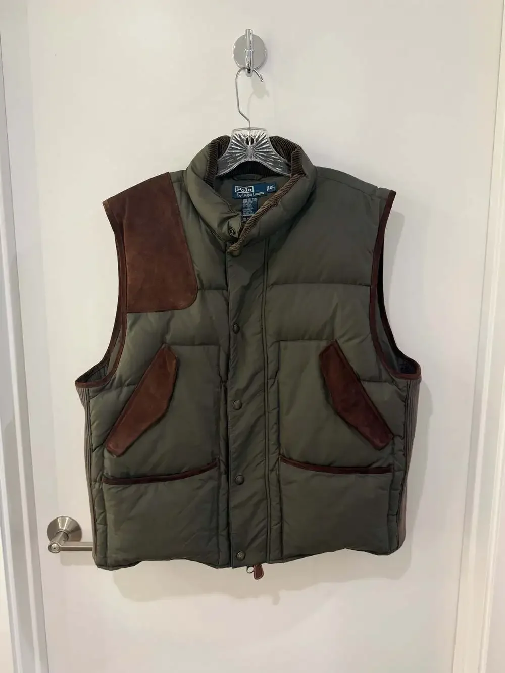 Polo Ralph Lauren Olive Green Down Puffer Vest with Suede Shoulder and Pocket Ac